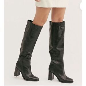 NEW Free People Grayson Knee High Black Leather Croc Print Tall Boots 7.5